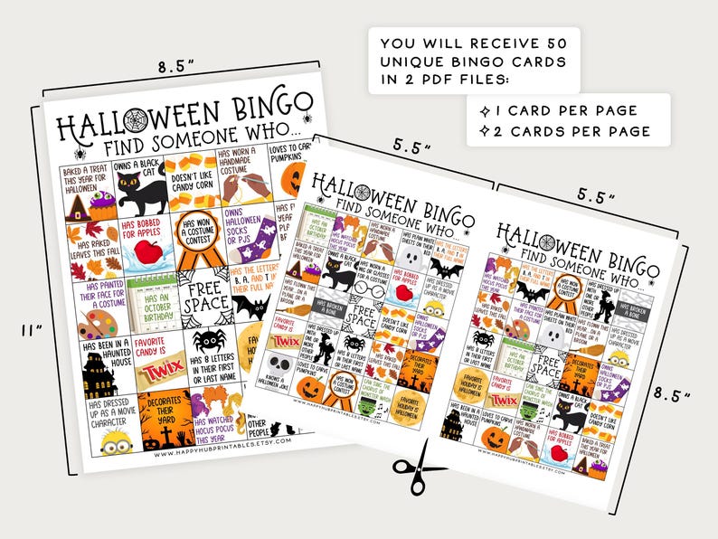 May include: Printable Halloween Bingo cards in black and orange. The cards feature a variety of Halloween-themed images, including pumpkins, bats, ghosts, and candy corn. The text on the cards reads "Halloween Bingo: Find Someone Who..." and includes a variety of prompts for players to find someone who matches the description. The cards are designed to be printed and used at a Halloween party or event.