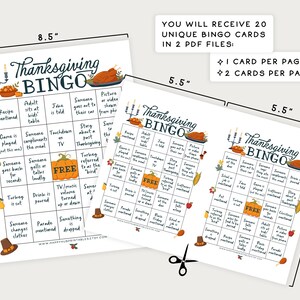 K&ouml;nnte beinhalten: Zwei druckbare Thanksgiving-Bingo-Karten, jede mit einer Gr&ouml;&szlig;e von 21,6 cm x 14 cm. Die Karten zeigen ein festliches Herbstthema mit einem K&uuml;rbis, einem Truthahn und Herbstbl&auml;ttern. Die Bingok&auml;sten enthalten S&auml;tze wie "Jemand macht Komplimente f&uuml;r das Essen" und "Der Truthahn wird geschnitten".