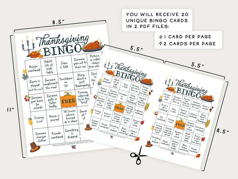 K&ouml;nnte beinhalten: Zwei druckbare Thanksgiving-Bingo-Karten, jede mit einer Gr&ouml;&szlig;e von 21,6 cm x 14 cm. Die Karten zeigen ein festliches Herbstthema mit einem K&uuml;rbis, einem Truthahn und Herbstbl&auml;ttern. Die Bingok&auml;sten enthalten S&auml;tze wie "Jemand macht Komplimente f&uuml;r das Essen" und "Der Truthahn wird geschnitten".
