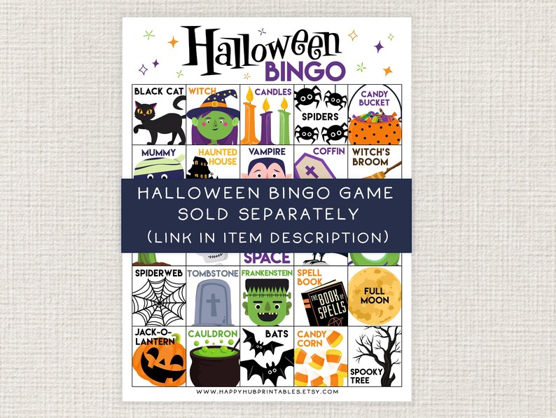 Puede incluir: Una tarjeta de bingo de Halloween imprimible con im&aacute;genes de un gato negro, una bruja, velas, ara&ntilde;as, un cubo de dulces, una momia, una casa encantada, un vampiro, un ata&uacute;d, una escoba de bruja, una telara&ntilde;a, una l&aacute;pida, Frankenstein, un libro de hechizos, una luna llena, una linterna de calabaza, un caldero, murci&eacute;lagos, ma&iacute;z dulce y un &aacute;rbol espeluznante. El texto "Halloween Bingo Game Sold Separately (Link in Item Description)" est&aacute; en la parte superior de la tarjeta.