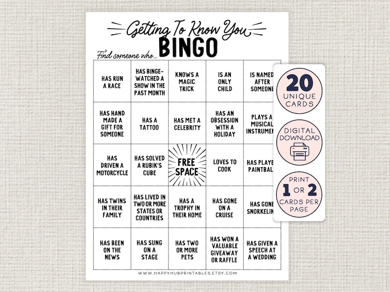 May include: A black and white printable bingo card with the title "Getting To Know You Bingo". The card has 25 squares with different prompts to find someone who has done something. The prompts include "Has run a race", "Has binge-watched a show in the past month", "Knows a magic trick", "Is an only child", "Is named after someone", "Has hand made a gift for someone", "Has a tattoo", "Has met a celebrity", "Has an obsession with a holiday", "Plays a musical instrument", "Has driven a motorcycle", "Has solved a Rubik's cube", "Free Space", "Loves to cook", "Has played paintball", "Has twins in their family", "Has lived in two or more states or countries", "Has a trophy in their home", "Has gone on a cruise", "Has gone snorkelling", "Has been on the news", "Has sung on a stage", "Has two or more pets", "Has won a valuable giveaway or raffle", "Has given a speech at a wedding".