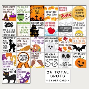 May include: A Halloween Bingo card with 26 squares, each containing a different Halloween-themed activity or characteristic. The card is designed with a black and orange colour scheme and features various Halloween icons, such as pumpkins, ghosts, and witches.