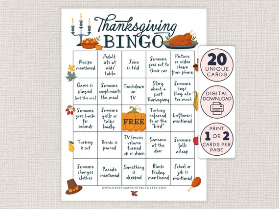 Thanksgiving BINGO, Family and Friend Turkey Day Game, Fun Group Activity, Kids, Friendsgiving, Seek and Find, Funny, Printable Cards