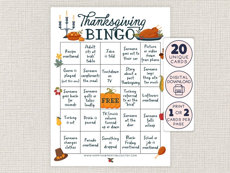 K&ouml;nnte beinhalten: Eine Thanksgiving-Bingo-Karte mit Herbstthema. Die Karte hat 25 Felder mit verschiedenen Aktivit&auml;ten und Ereignissen, die w&auml;hrend des Thanksgiving-Dinners passieren k&ouml;nnten. Das freie Feld ist ein K&uuml;rbis. Die Karte ist zum Ausdrucken und Spielen mit Freunden und Familie gedacht.