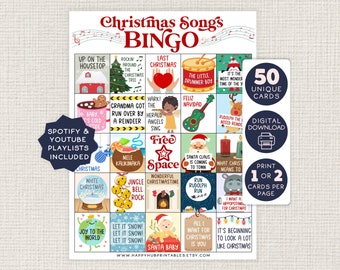 Christmas Songs BINGO and Playlist, Holiday Party Game, Printable, Office, Senior Center, Classroom Party, Printable Bingo, Picture Cards