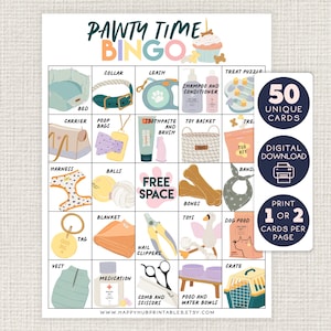 Pawty Time BINGO, jeux à imprimer pour fête d'anniversaire de chien, activité de célébration de l'adoption d'un chien, nouveau chiot surprise, thème chien amusant, chiots, chiot