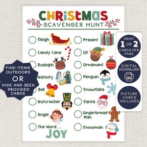 Könnte beinhalten: Eine druckbare Weihnachts-Schnitzeljagd-Checkliste mit Illustrationen verschiedener Weihnachtsartikel, darunter ein Schlitten, ein Zuckerstange, Rudolph, eine Krippe, eine Glocke, ein Nussknacker, ein Engel und ein Schneemann. Die Checkliste enthält Anweisungen, um Gegenstände im Freien zu finden oder versteckte und gesuchte Karten bereitzustellen. Der Text "DRUCKEN SIE 1 ODER 2 KARTEN PRO SEITE", "DIGITALER DOWNLOAD" und "BILDKARTEN INBEGRIFFEN" ist ebenfalls enthalten.