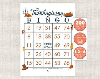 Thanksgiving Classic BINGO, 200 Cards, Fun Printable Game, Classroom, Office, Meeting, Senior Living Center, 1-75, Bingo Night, Bulk