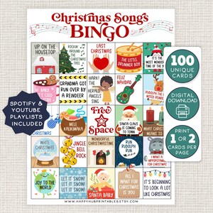 Weihnachtslieder BINGO und Playlist, zum Ausdrucken, Urlaub, Partyspiel, Kollegen, Seniorenzentrum, Klassenzimmer, Mitsingen, Bild, Musik, Karten