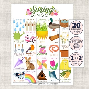 May include: A printable Spring Bingo card with 20 unique cards. The card features images of spring-themed items like a watering can, a bicycle, a bird, a worm, a tulip, a rainbow, a butterfly, a birdhouse, a kite, and gardening gloves. The card also includes the text "Spring Bingo" and "20 Unique Cards".