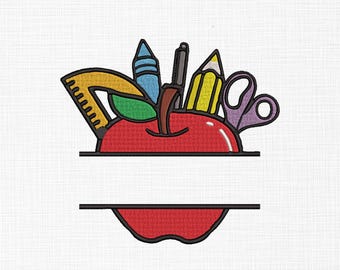Puede incluir: Manzana roja con un diseño dividido para personalizar. La manzana está llena de útiles escolares, incluyendo un lápiz, una regla, un crayón, un bolígrafo y unas tijeras.