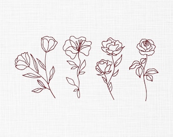 Rose Line Art Embroidery Design: Flower Bundle, 5 Sizes (Digital Download)