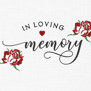 Puede incluir: En memoria cariñosa con un corazón rojo y dos rosas rojas con hojas verdes.