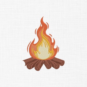 Könnte beinhalten: Eine stilisierte Illustration eines Lagerfeuers mit orangefarbenen und gelben Flammen und braunen Holzscheiten.