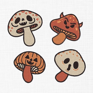 Könnte beinhalten: Vier gestickte Pilzdesigns mit gruseligen Gesichtern. Die Pilze haben beige, orange und braune Farben mit schwarzen Umrissen. Die Designs umfassen einen Totenkopf, einen Teufel und einen Kürbis.