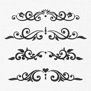 Op de afbeelding: Vier zwarte decoratieve krulvormen met ingewikkelde spiralen en krullen. Deze decoratieve elementen kunnen worden gebruikt voor randen, scheidingslijnen of accenten in ontwerp projecten.