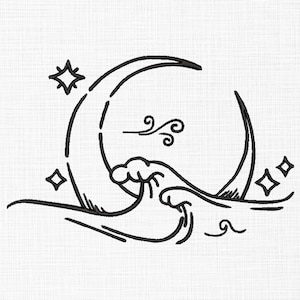 May include: A black and white line drawing of a crescent moon with a wave crashing against it. There are small stars around the moon and wave.
