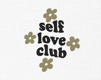 Może przedstawiać: Białe tło z napisem "self love club" w kolorze czarnym, otoczone czterema kształtami kwiatów w kolorze beżowym. Tekst jest pogrubiony, z zaokrągloną czcionką, a kwiaty mają prosty, stokrotkowy design.