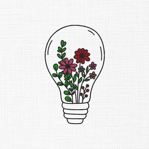 May include: A black line drawing of a light bulb with a variety of pink, red, and purple flowers inside.