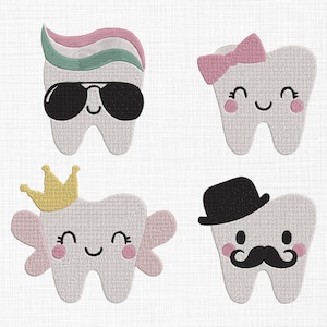 以下が含まれることがあります： 異なるアクセサリーをつけた、漫画の歯が4本。1本の歯はピンクのリボン、1本は王冠、1本はサングラスと虹、1本は黒い帽子と口ひげを付けています。