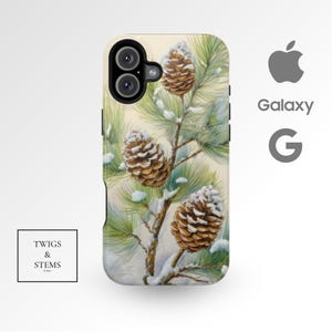 Snowy Pinecones Phone Case, iPhone 16 15 14, Samsung Galaxy S24 S23, Winter Watercolor Floral Art Gift, Protective Tough Cover, Lauren Ivory