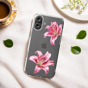 Clear Tiger Lily Flowers Phone Case, iPhone or Samsung Galaxy, Aesthetic Watercolor Minimalist Gift, Protective Clear Cover, Lina Design