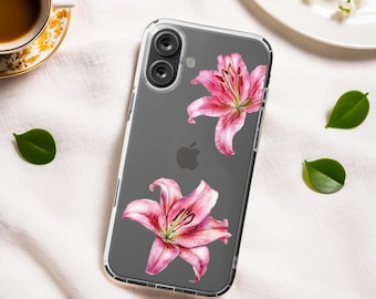 Puede incluir: Una funda transparente para teléfono con un diseño floral rosa y blanco. La funda tiene una protuberancia de cámara elevada y una parte posterior transparente.