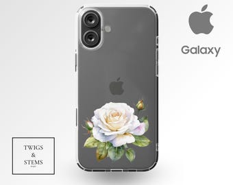 CLEAR ROSE Flower Case, Aesthetic Watercolor Floral Clear Phone Case, Flower Art Gift, MagSafe iPhone Pro Plus Max 16, Samsung Galaxy, Sasha