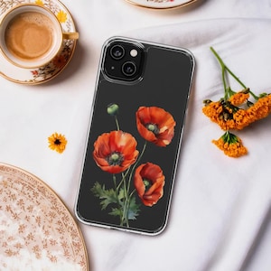 Clear Watercolor Poppy Flowers Phone Case, iPhone Samsung Galaxy, Elegant Aesthetic Minimalist Gift, Protective Clear Cover, Marlo Design