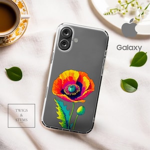 Clear Poppy August Birth Month Phone Case, iPhone 16 15 Pro Max Samsung Galaxy S24 S25, Cute Aesthetic Minimalist Birthday Floral Gift Idea