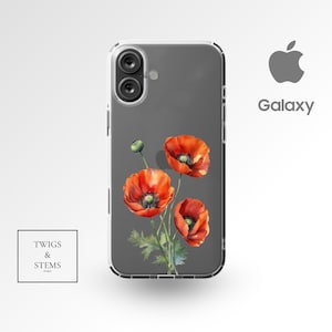 CLEAR Cute Poppy Flowers Phone Case, Aesthetic Watercolor Art Floral Clear Phone Case, MagSafe iPhone Pro Plus Max 16, Samsung, Marlo Design