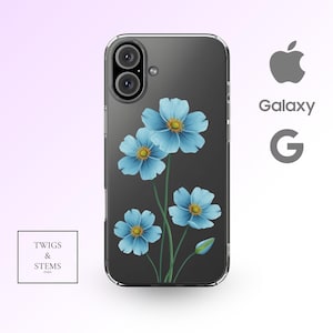 Clear Blue Poppy Flowers Phone Case, iPhone or Samsung Galaxy, Elegant Aesthetic Minimalist Gift, Cute Protective Clear Cover, Marlo Design