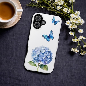 Watercolor Hydrangea Butterfly Phone Case - Floral Art, MagSafe Option