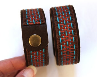 Cuff Bracelet, Handwoven Trim on American Bison Leather, Limited Edition Colorful Woven Cotton/Leather Bracelet