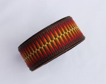 Cuff Bracelet, Colors of Fire,  Handwoven Cotton & American Bison Leather Bracelet for Men or Women, Limited Edition