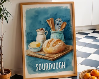 Abstract sourdough farmhouse Wall Art- Preppy baking bread Print, dopamine kitchen decor, Trendy blue Poster as Aesthetic housewarming gift