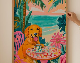 Golden Retriever Coffee Lover Poster–Trendy Wall Art for Kitchen room decor, Funky Pink dog Print, Aesthetic Dopamine Art as coffee dog gift