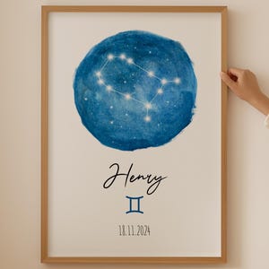 Gemini gepersonaliseerde sterrenkaart print - astrologie cadeau, teken geboortestatistieken, poster pasgeboren naam, babyshower cadeau, kunst aan de muur sterrenbeeld Tweelingen