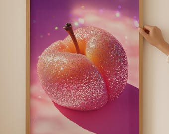 May include: A close-up of a peach-colored fruit covered in glitter, with a stem and leaf, against a pink and purple background.