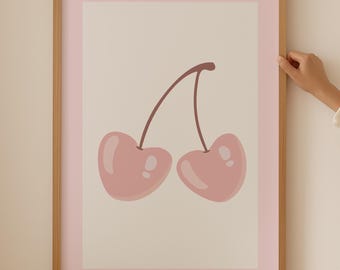 Póster de cereza: una bonita impresión femenina para una decoración estética y coqueta, arte de pared moderno y divertido como decoración de habitación para adolescentes, decoración de dopamina rosa claro.