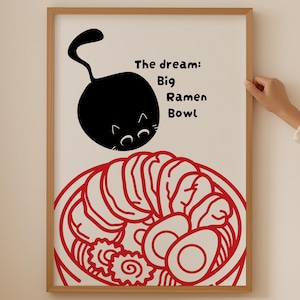 Cute Japanese Ramen Bowl Cat Poster- Trendy Ramen Chopstick Print for asian kitchen room decor, Aesthetic Japandi Noodle Lover Wall Art gift