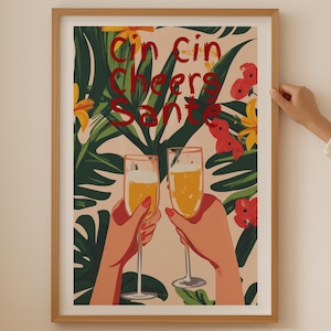 Póster de "Salud", impresión de cóctel con alcohol para la decoración de la cocina, impresión artística de copas de Martini, arte de pared de "Salud con champán" como arte estético colorido.