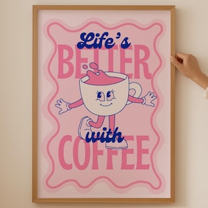 Pink Coffee Lover Print - Trendige Dopamin-Wandkunst für Küche Raumdekor, Funky Poster Kaffeegeschenk, ästhetisches Barista Bar Zeichen Raumkunst