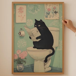 Lustige Toilette schwarze Katze Poster - Trendy funky japanische Wandkunst, Ästhetisches Japandi Badezimmer Dekor für Tierliebhaber, Katze Themen Druck Geschenk