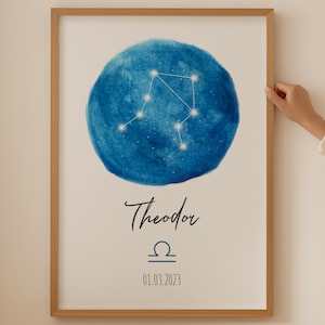 Weegschaal sterrenkaart poster - gepersonaliseerd astrologiecadeau, babyshower aandenken, geboortestatistieken kunst aan de muur, naambord pasgeborene, sterrenbeeld Weegschaal afdrukken