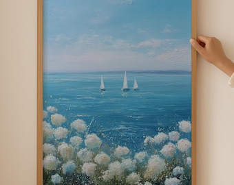 Abstract sailboat hydrangea print- Floral boat Art for hobby decor, Blue flowermarket kitchen Wall Art, Trendy aesthetic Botanical Poster