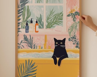 Funky Cat Bathtube Poster– Trendy Cat Wall Art for Funny Decor, Aesthetic Dopamine Decor for Cat Lovers, Cat Print as cat themed gifts