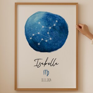 Maagd sterrenkaart poster-gepersonaliseerde Maagd cadeau, trend astrologie geboortestatistieken afdrukken, sterrenbeeld naambord pasgeboren baby, babyshower aandenken