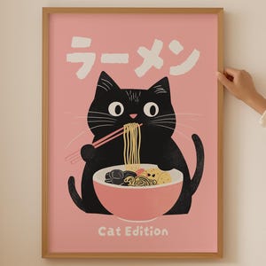 Póster de gato con tazón de ramen japonés rosa: impresión moderna de palillos de ramen para decoración de cocina asiática, regalo de arte de pared estético para amantes de los fideos japoneses.