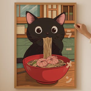 Cute Cat Japanese Ramen Bowl Poster- Aesthetic Japandi Noodle Lover Wall Art gift, Trendy Ramen Chopstick Print for asian kitchen room decor